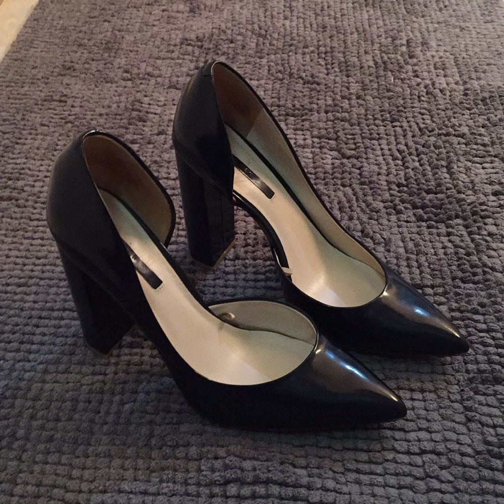 Navy blue block heeled pumps